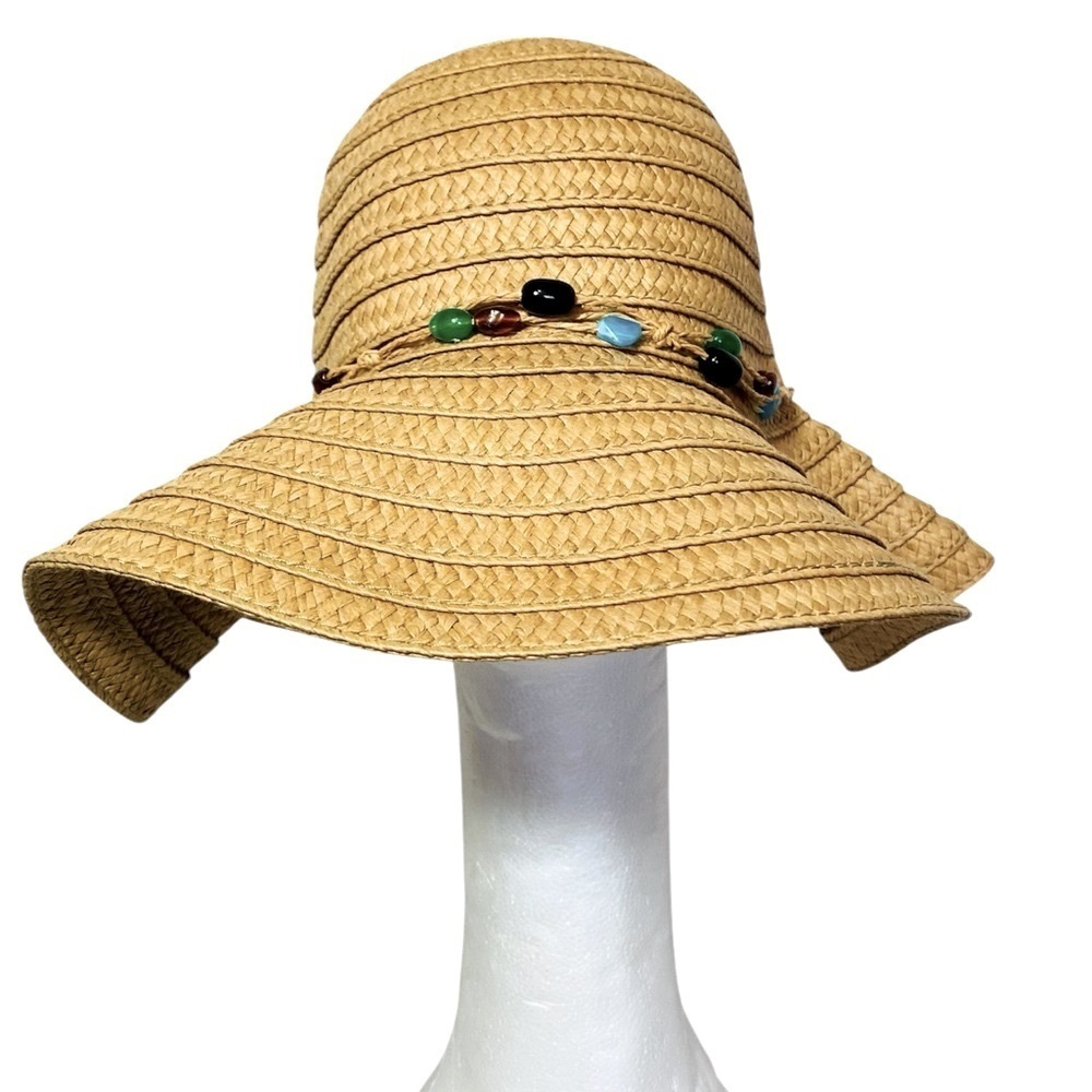 Women's Stylish Tan Sun Hat with Beaded Accents